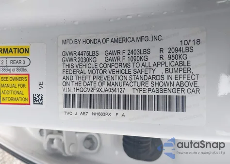 2018 Honda Accord Touring 2.0T из США, поврежденный, VIN 1HGCV2F9XJA054127